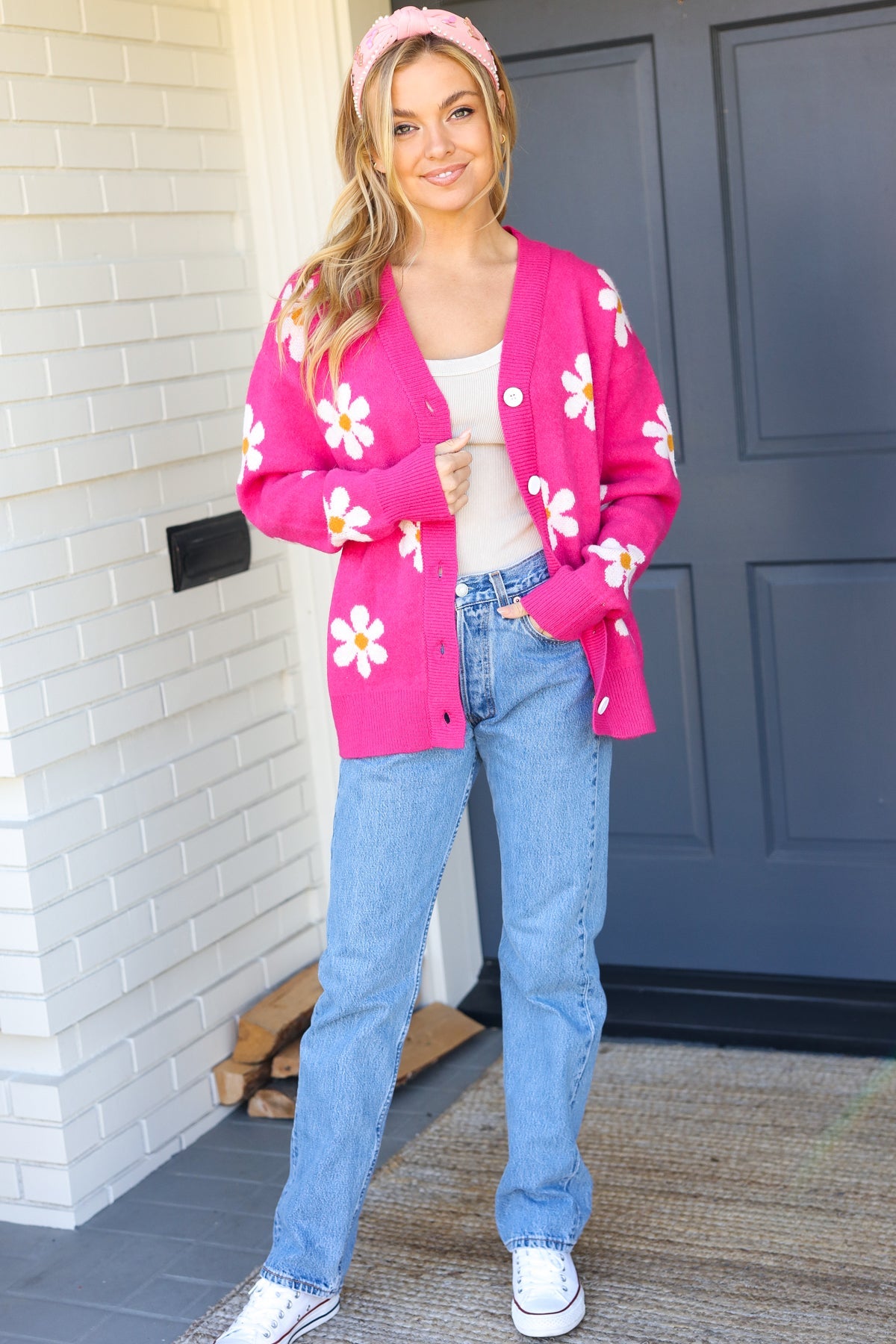 All For Love Fuchsia Daisy Print Button Down Knit Cardigan