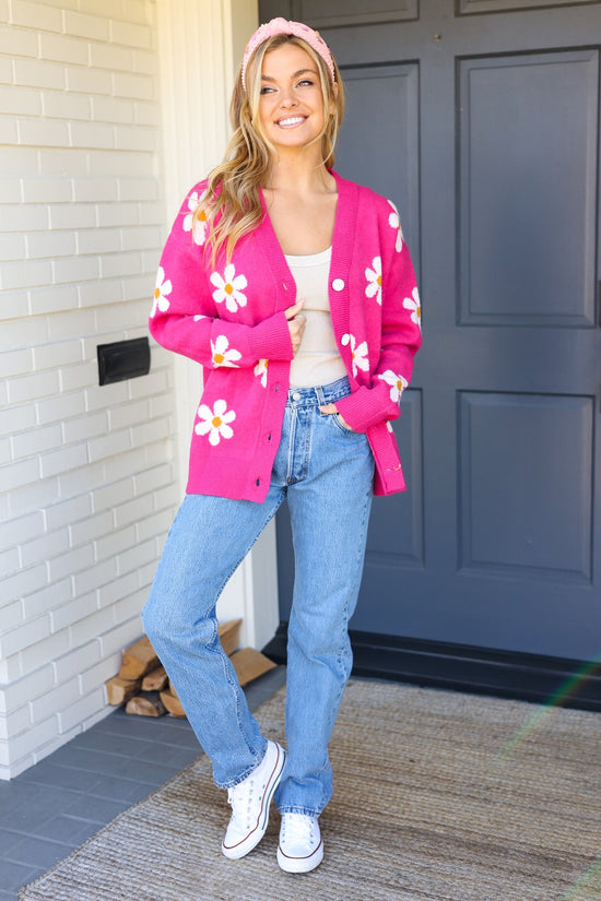 All For Love Fuchsia Daisy Print Button Down Knit Cardigan