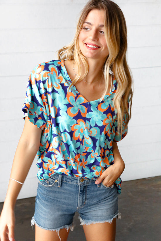 Blue & Orange Retro Floral V Neck Top