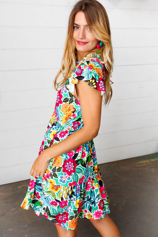 Green & Fuchsia Floral Fit and Flare Dress