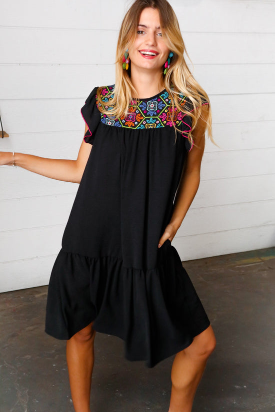 Black Crepe Neon Floral Embroidery Flutter Sleeve Dress