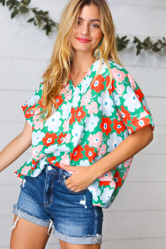 Multicolor Flat Floral V Neck Drop Shoulder Top