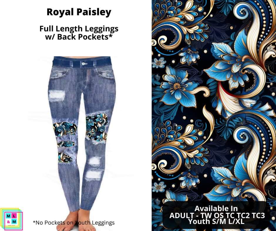 Royal Paisley Faux Denim Peekaboo Leggings w/Back Pockets