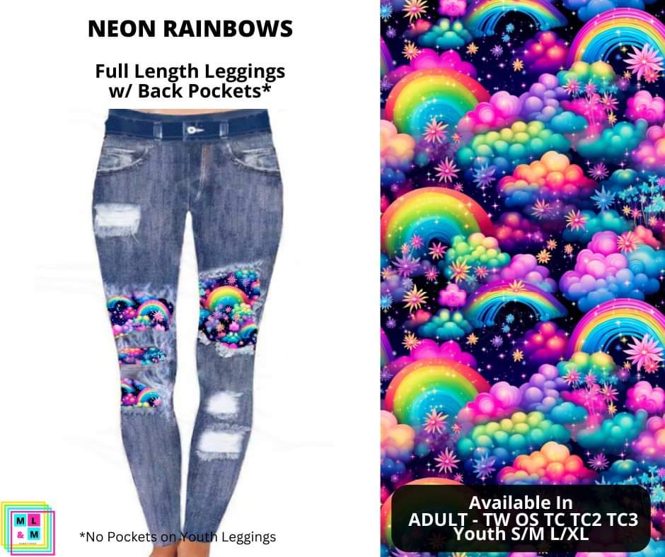 Neon Rainbows Faux Denim Peekaboo Leggings w/Back Pockets