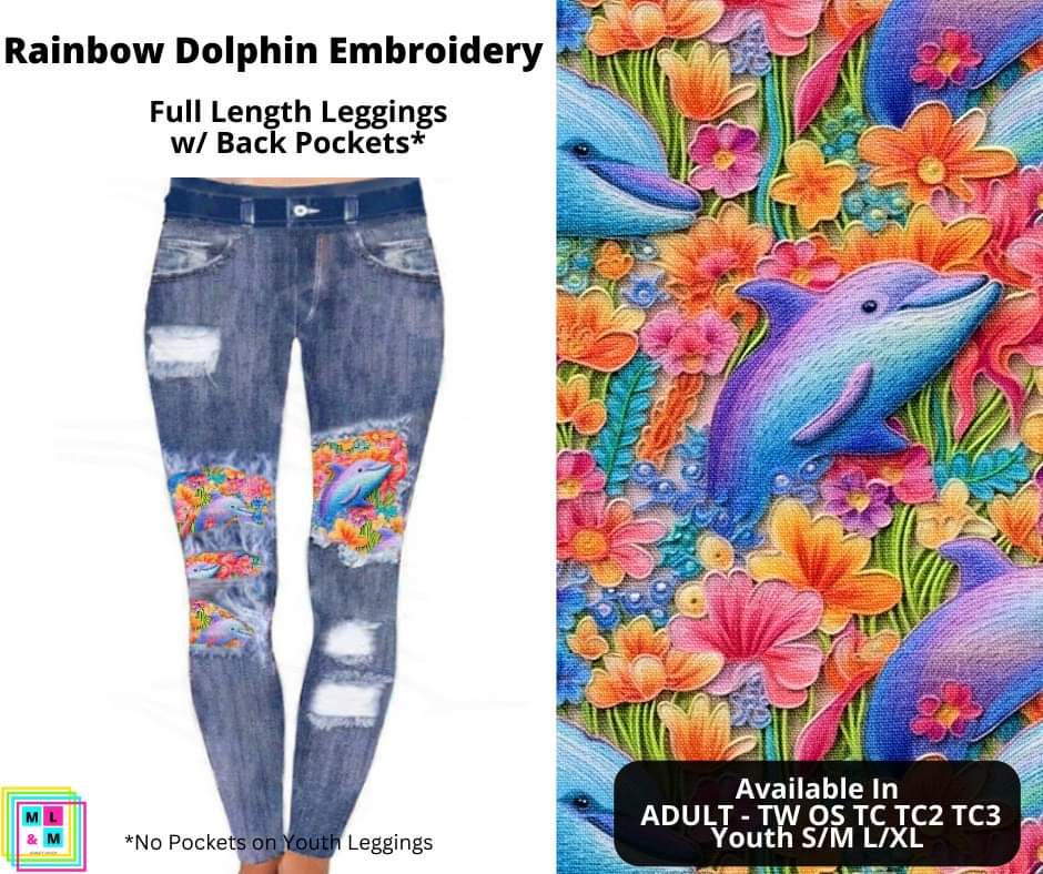 Rainbow Dolphin Embroidery Faux Denim Peekaboo Leggings w/Back Pockets