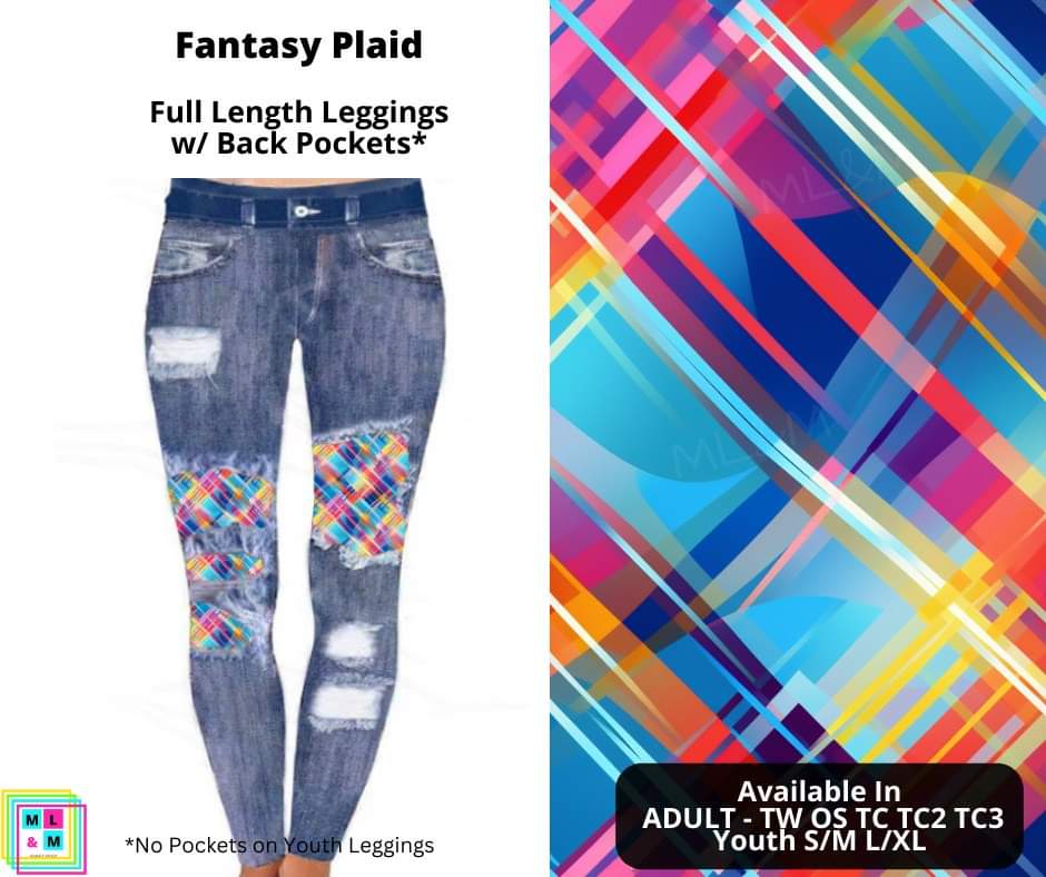 Fantasy Plaid Faux Denim Peekaboo Leggings w/Back Pockets