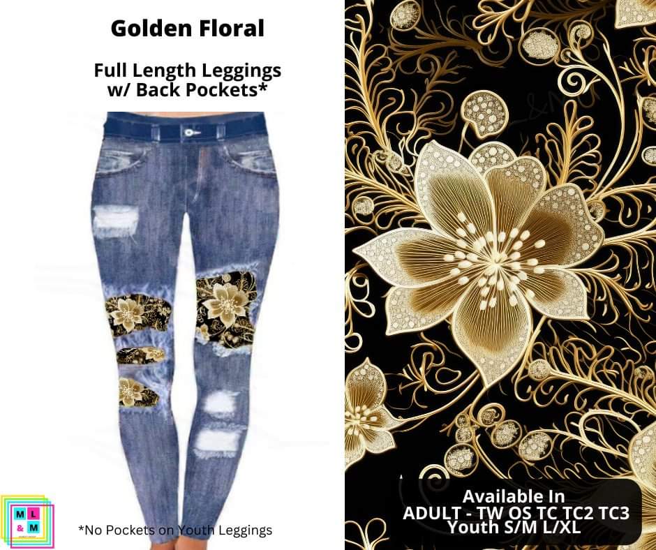 Golden Floral Faux Denim Peekaboo Leggings w/Back Pockets