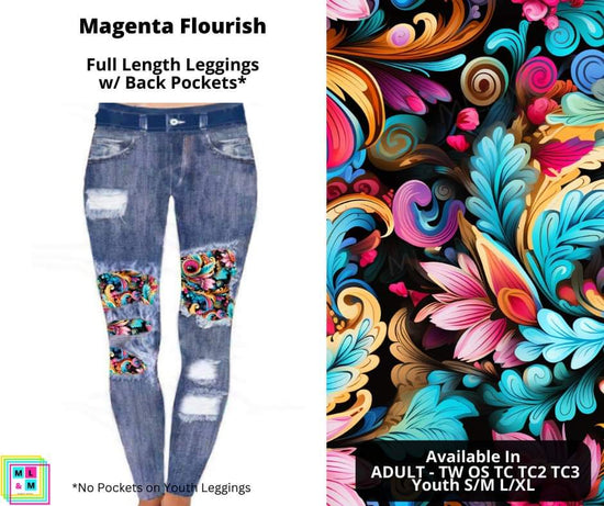 Magenta Flourish Faux Denim Peekaboo Leggings w/Back Pockets