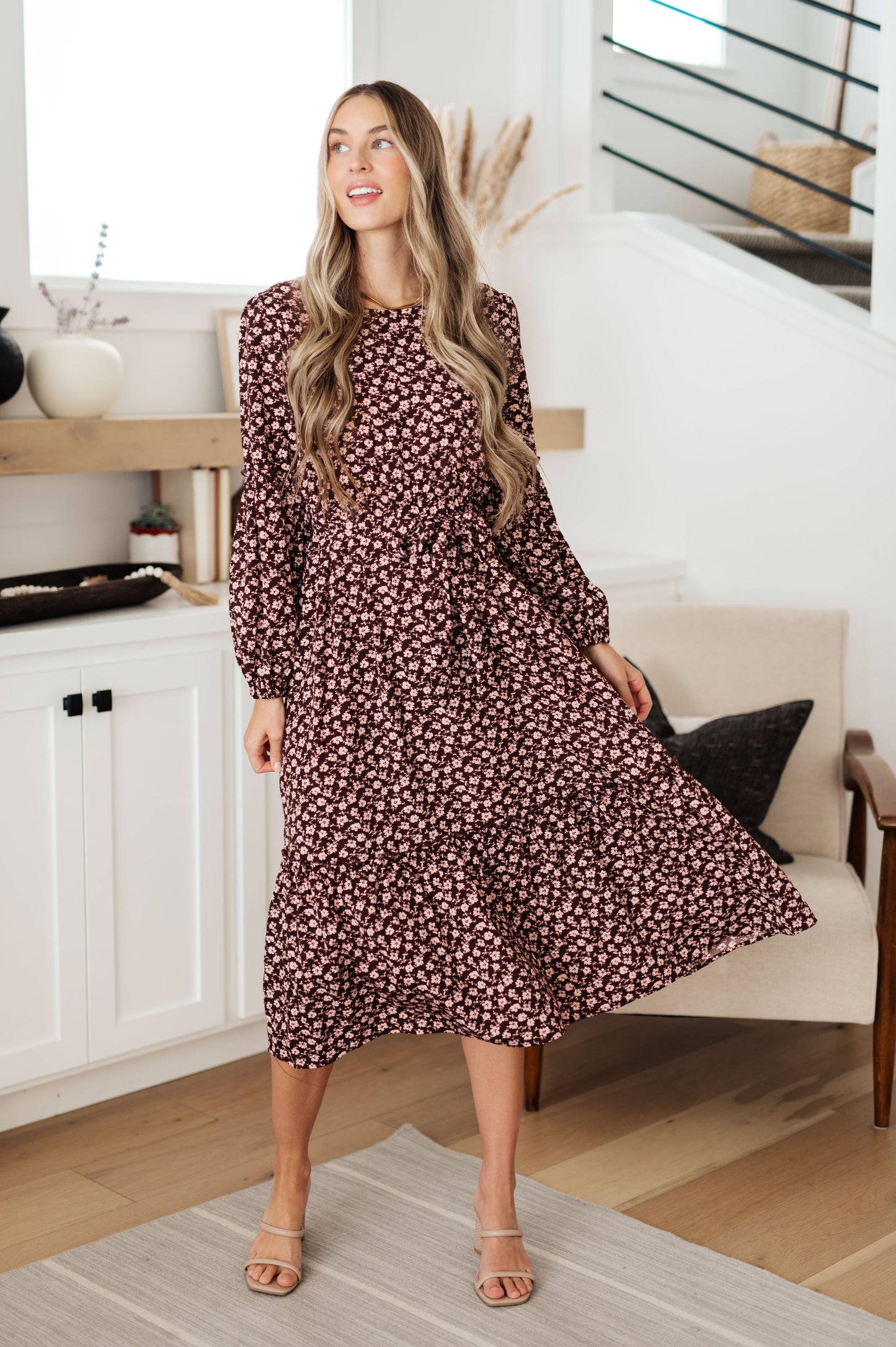 Flow With The Times Floral Midi Dress In Brown - Hayden