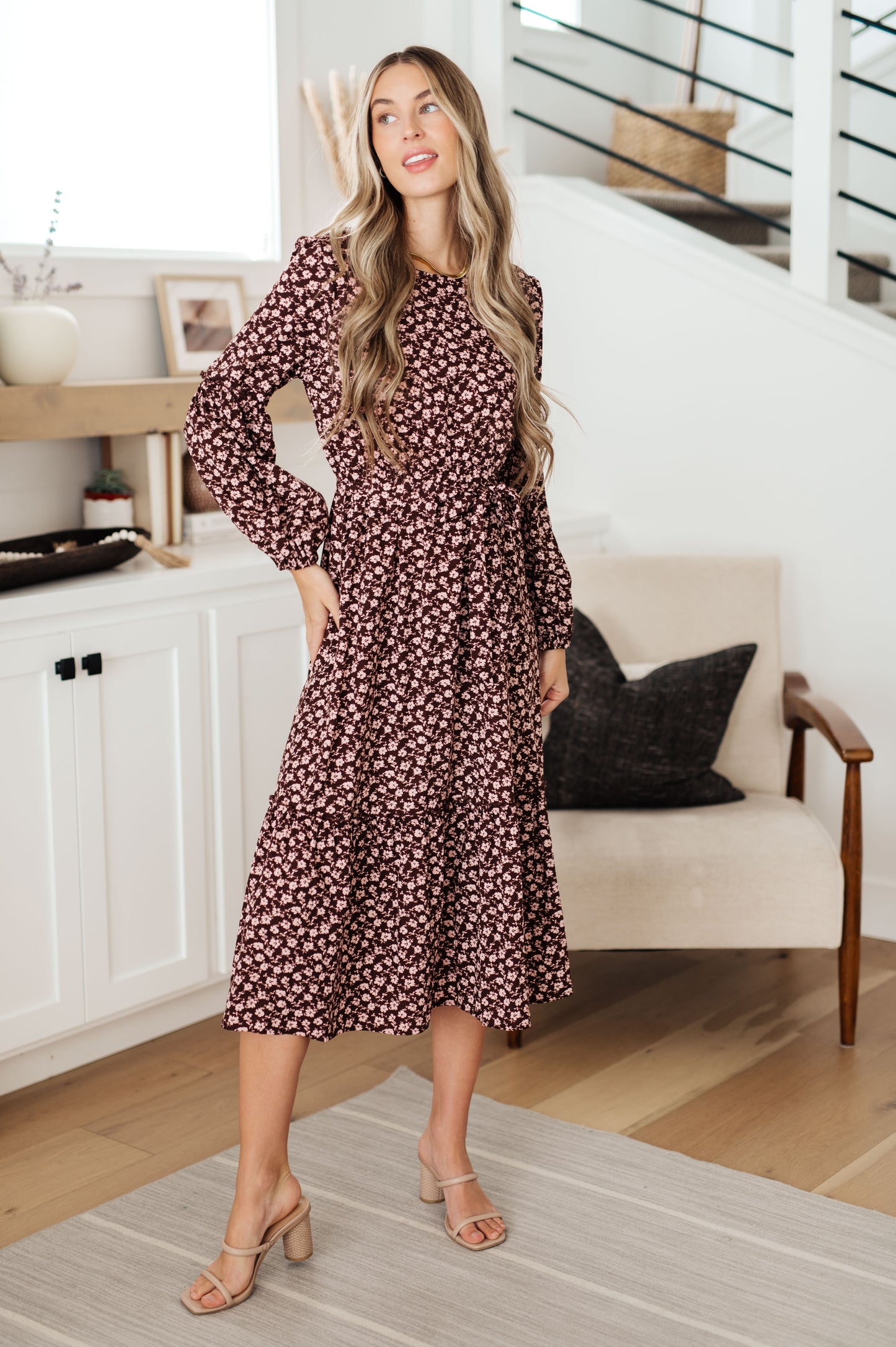 Flow With The Times Floral Midi Dress In Brown - Hayden