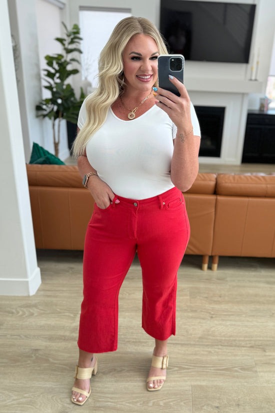 TUMMY CONTROL - Lisa High Rise Wide Leg Crop Jeans in Red - Judy Blue