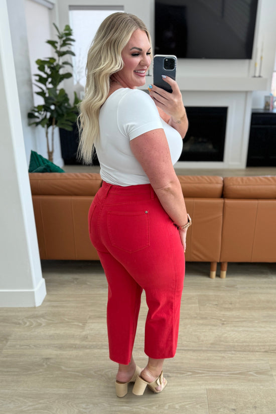 TUMMY CONTROL - Lisa High Rise Wide Leg Crop Jeans in Red - Judy Blue