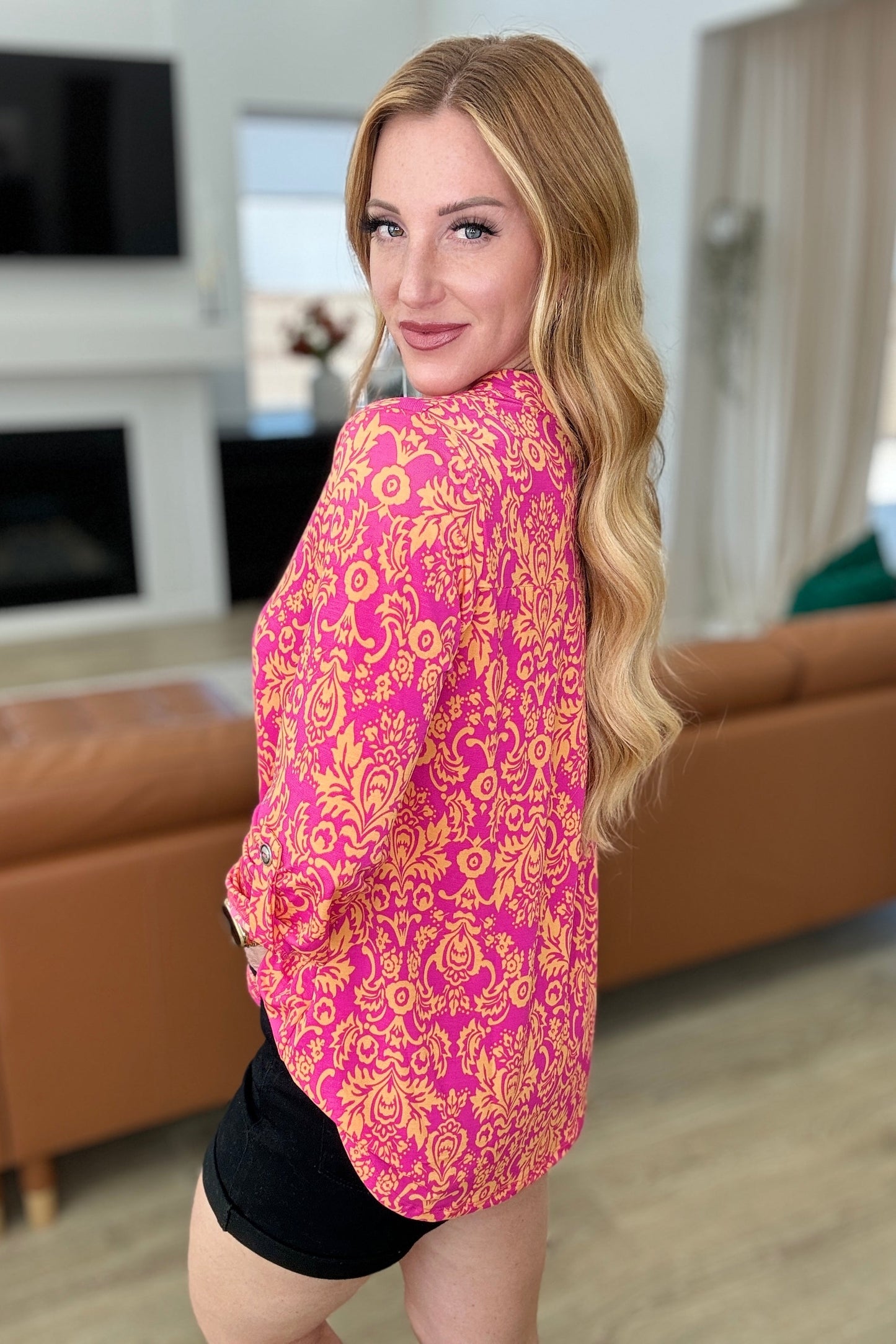 Lizzy Top in Hot Pink and Tangerine Damask - Dear Scarlett