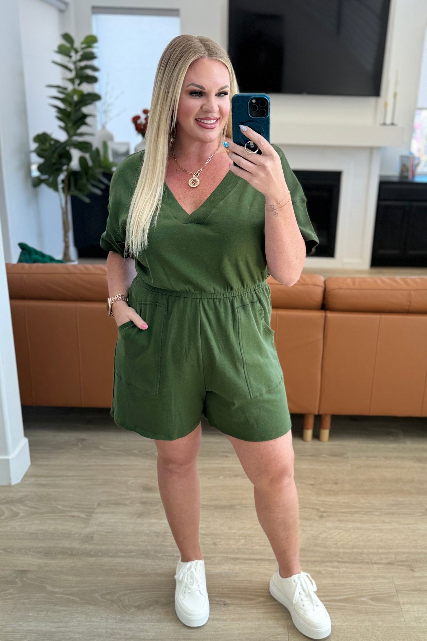 Short Sleeve V-Neck Romper in Army Green - Zenana