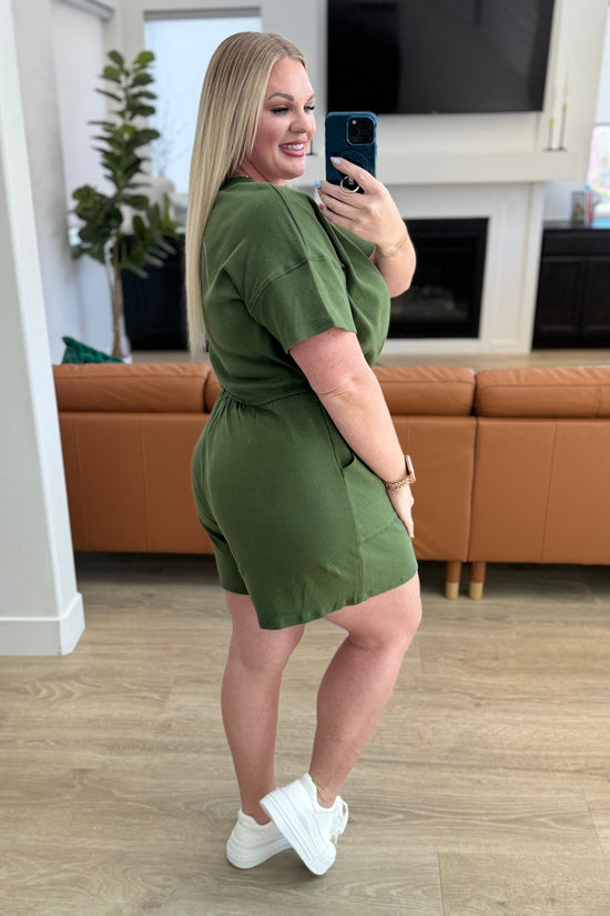 Short Sleeve V-Neck Romper in Army Green - Zenana