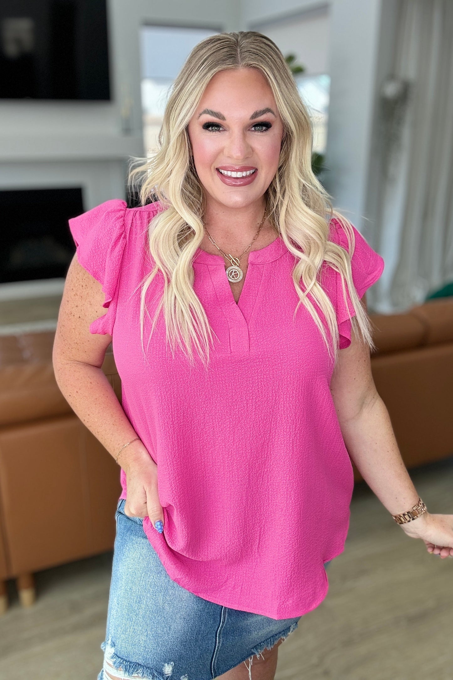 Crinkle Split Neckline Flutter Sleeve Top in Hot Pink - Andree By Unit