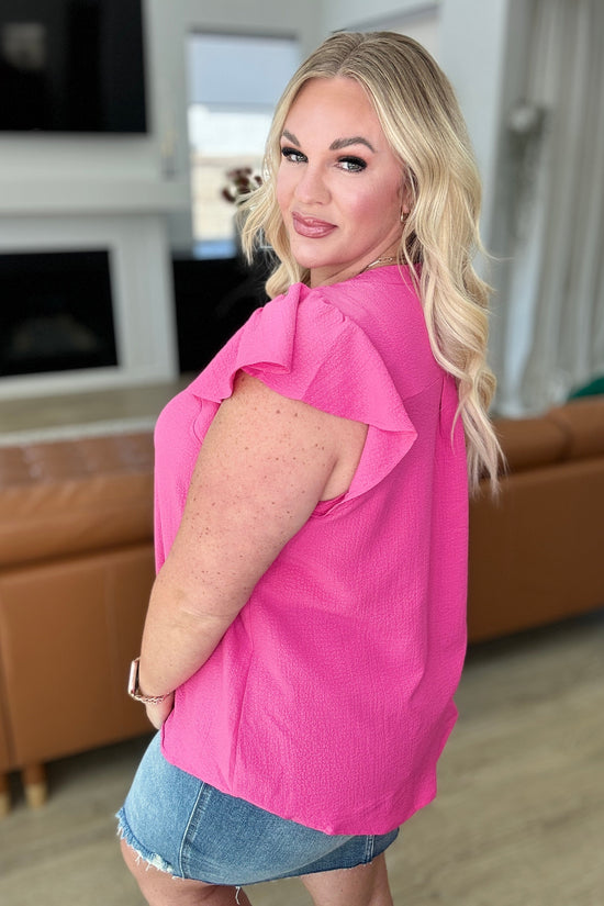 Crinkle Split Neckline Flutter Sleeve Top in Hot Pink - Andree By Unit