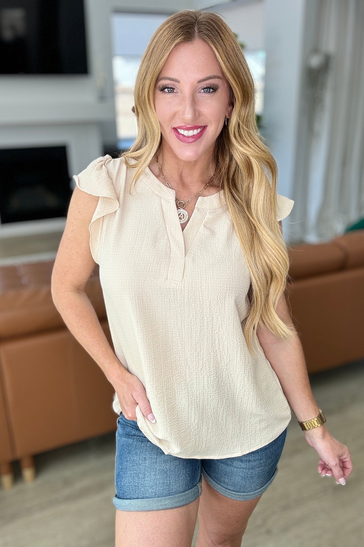 Crinkle Split Neckline Flutter Sleeve Top in Taupe - Andree By Unit