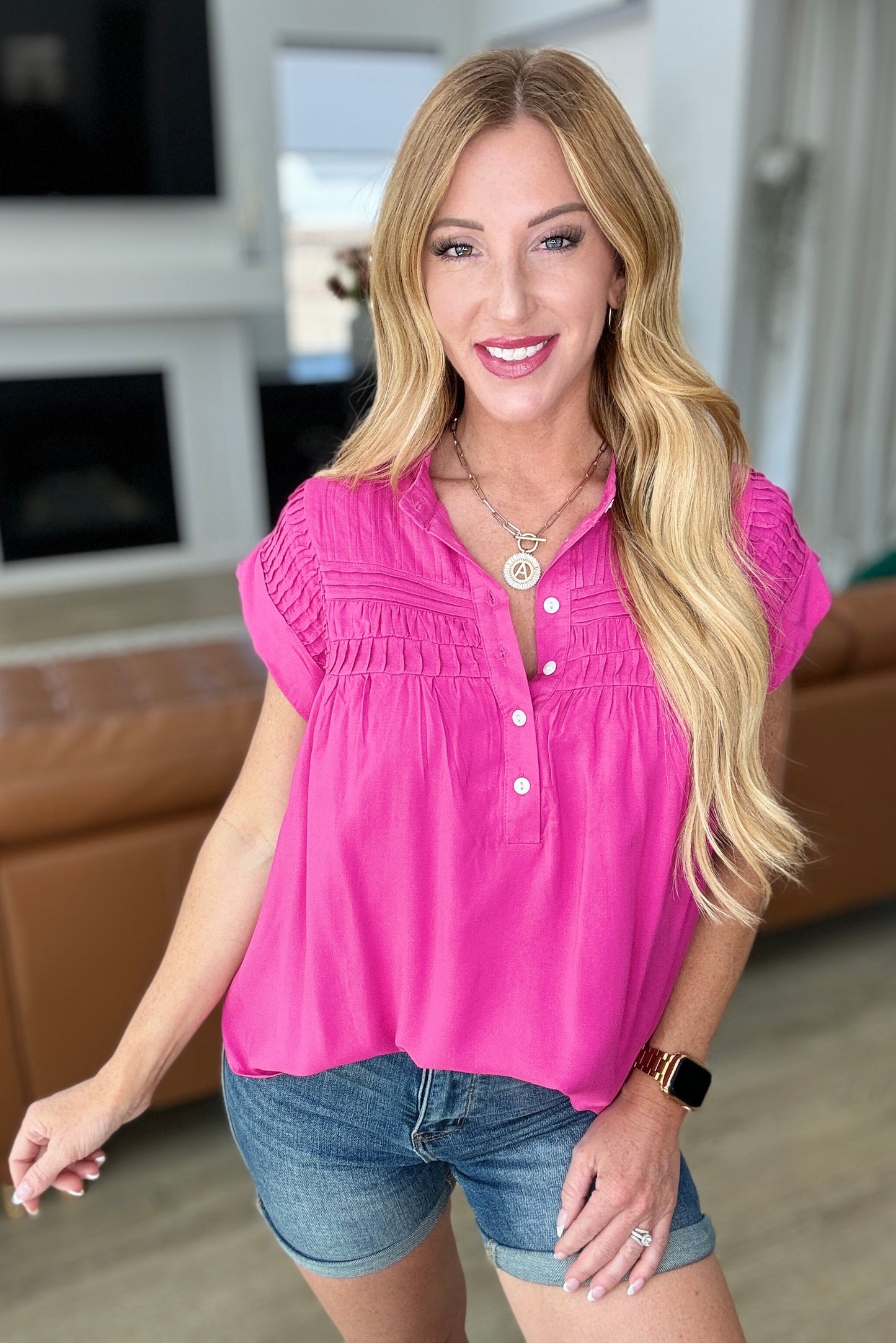 Pleat Detail Button Up Blouse in Hot Pink - Andree By Unit