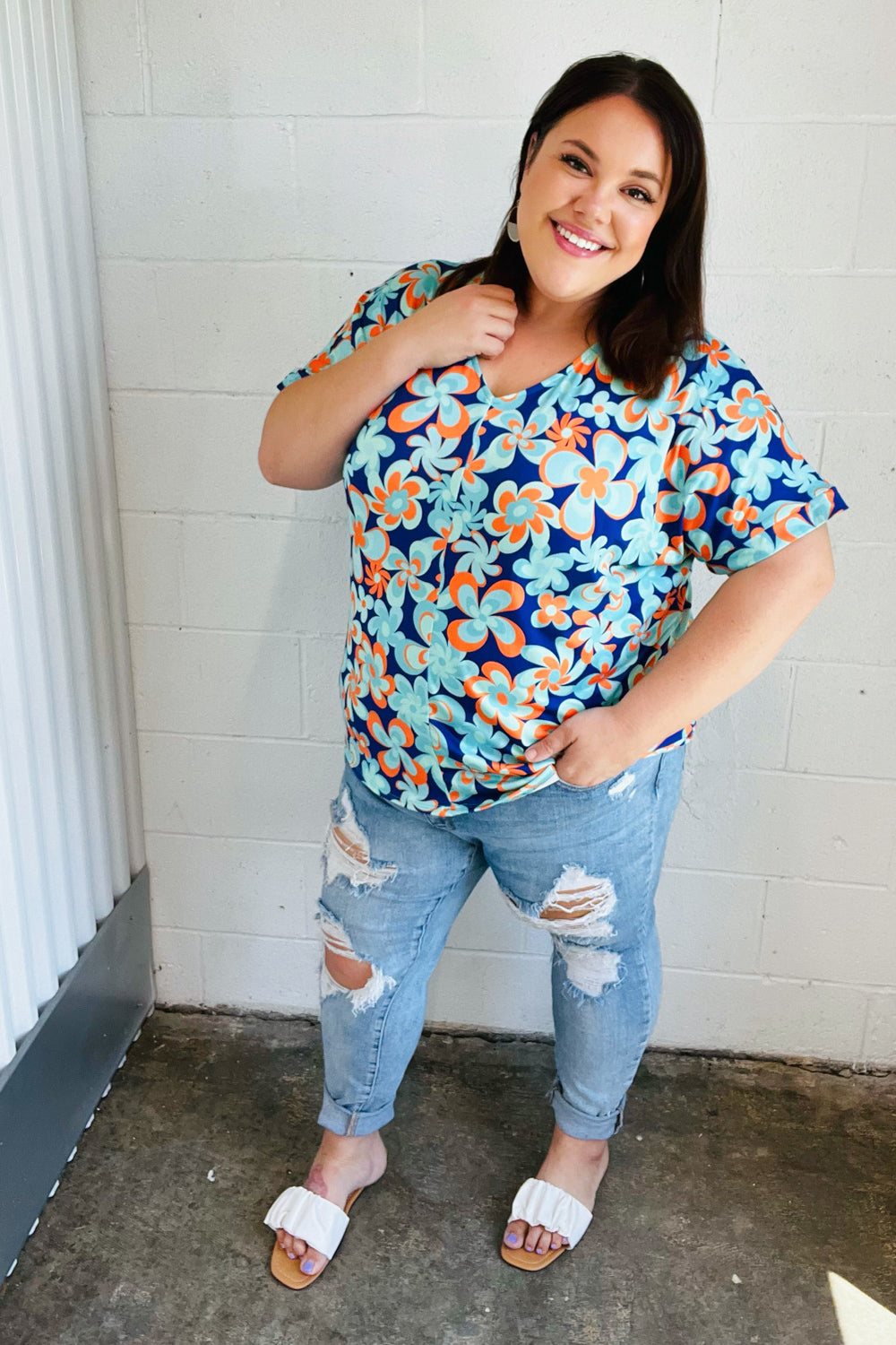 Blue & Orange Retro Floral V Neck Top