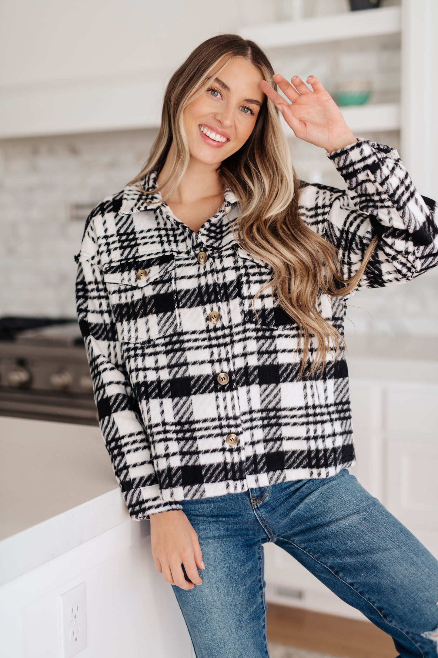 Kate Plaid Jacket in Black & White - JODIFL