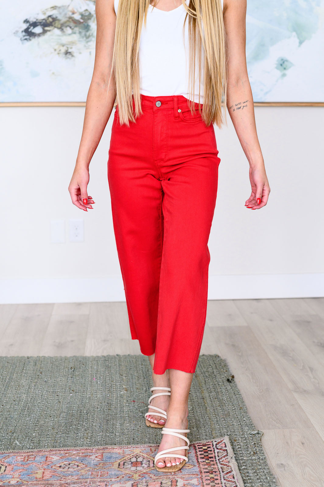 TUMMY CONTROL - Lisa High Rise Wide Leg Crop Jeans in Red - Judy Blue