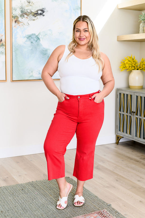 TUMMY CONTROL - Lisa High Rise Wide Leg Crop Jeans in Red - Judy Blue