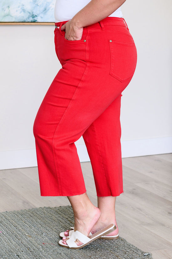 TUMMY CONTROL - Lisa High Rise Wide Leg Crop Jeans in Red - Judy Blue