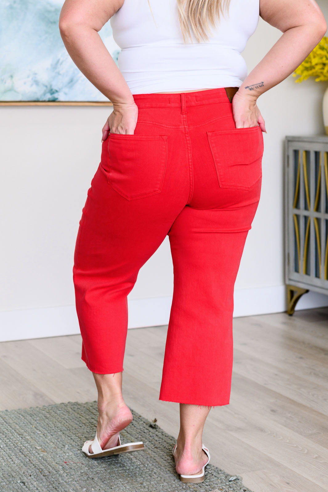 TUMMY CONTROL - Lisa High Rise Wide Leg Crop Jeans in Red - Judy Blue