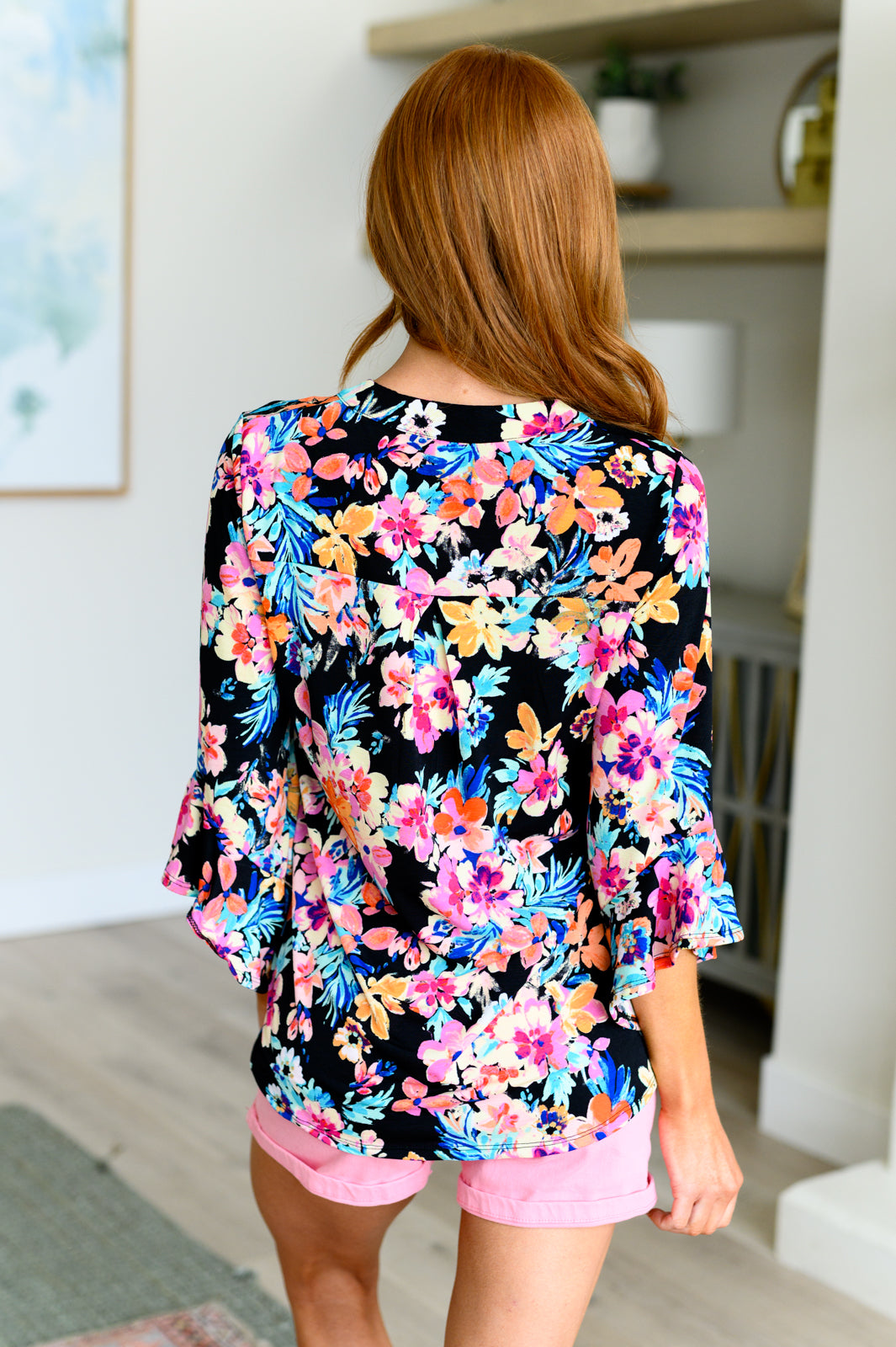 Lizzy Bell Sleeve Top Black and Teal Tropical Floral - Dear Scarlett