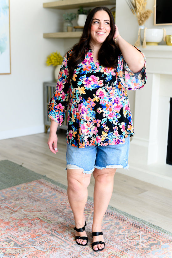 Lizzy Bell Sleeve Top Black and Teal Tropical Floral - Dear Scarlett