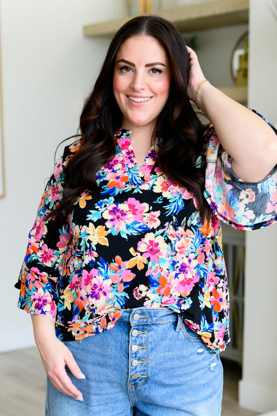 Lizzy Bell Sleeve Top Black and Teal Tropical Floral - Dear Scarlett