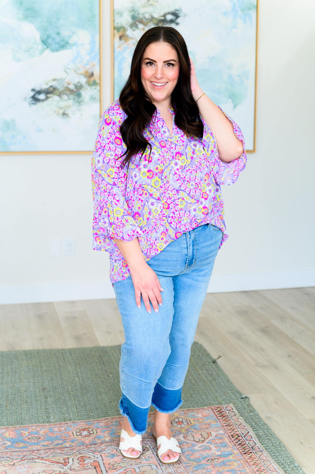 Lizzy Bell Sleeve Top in Lavender Retro Ditsy Floral - Dear Scarlett