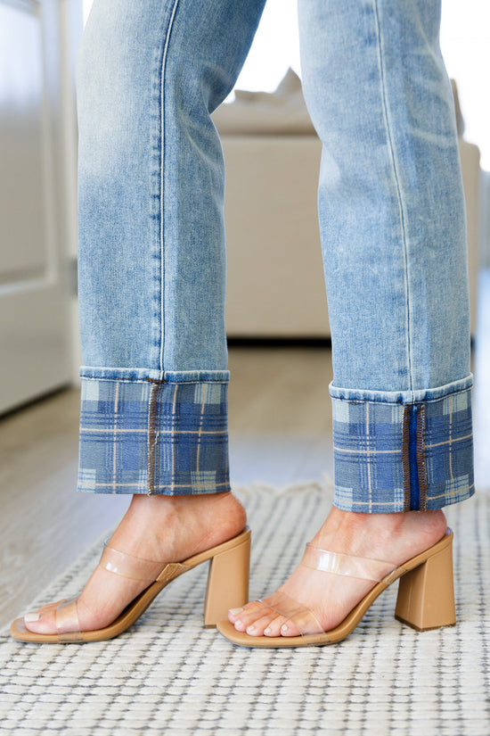 Miranda High Rise Plaid Cuff Vintage Straight Jeans - Judy Blue