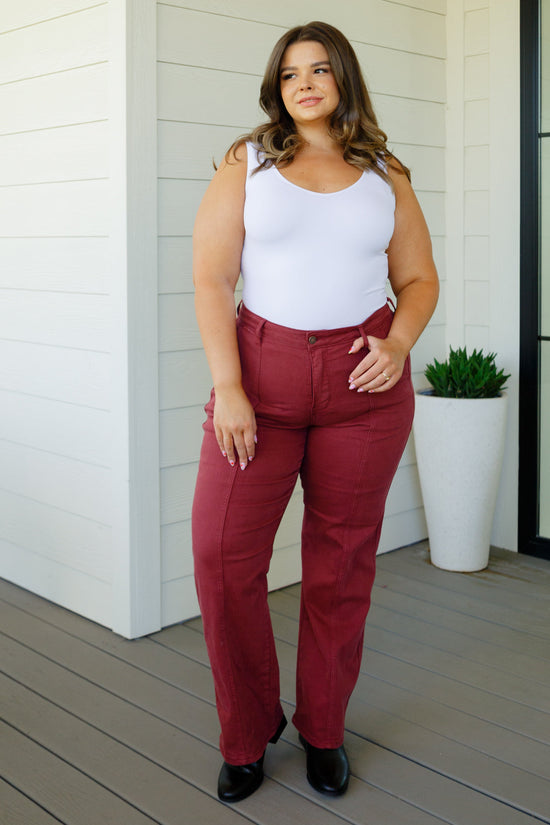 Phoebe High Rise Front Seam Straight Jeans in Burgundy - Judy Blue