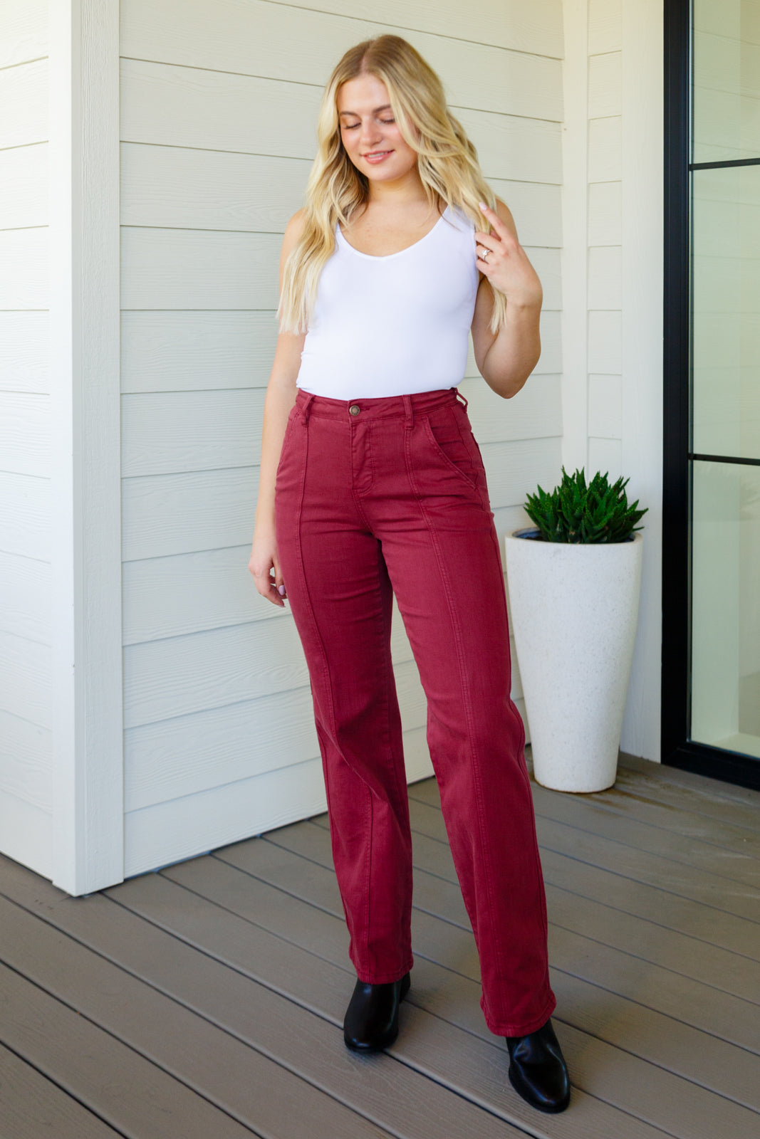 Phoebe High Rise Front Seam Straight Jeans in Burgundy - Judy Blue