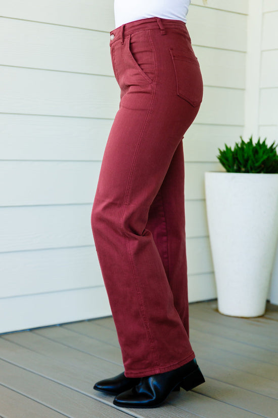 Phoebe High Rise Front Seam Straight Jeans in Burgundy - Judy Blue