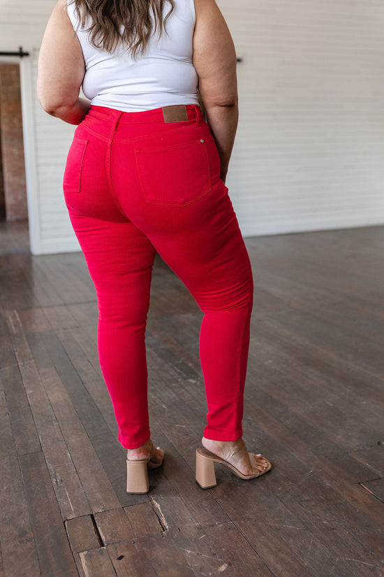 TUMMY CONTROL: Ruby High Rise Skinny Jeans in Red - Judy Blue