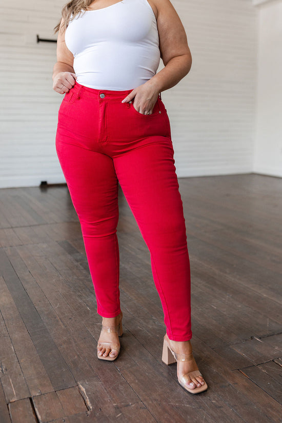 TUMMY CONTROL: Ruby High Rise Skinny Jeans in Red - Judy Blue