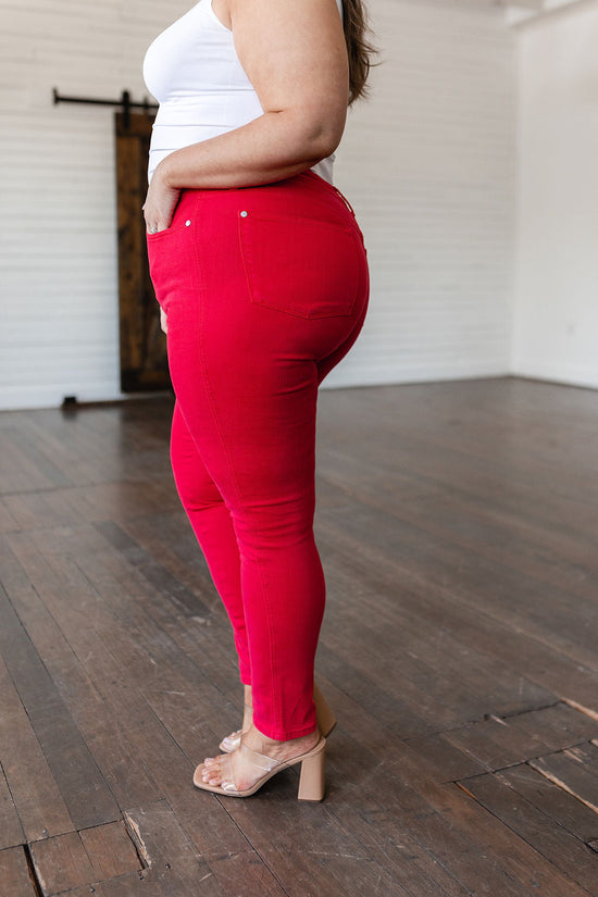 TUMMY CONTROL: Ruby High Rise Skinny Jeans in Red - Judy Blue