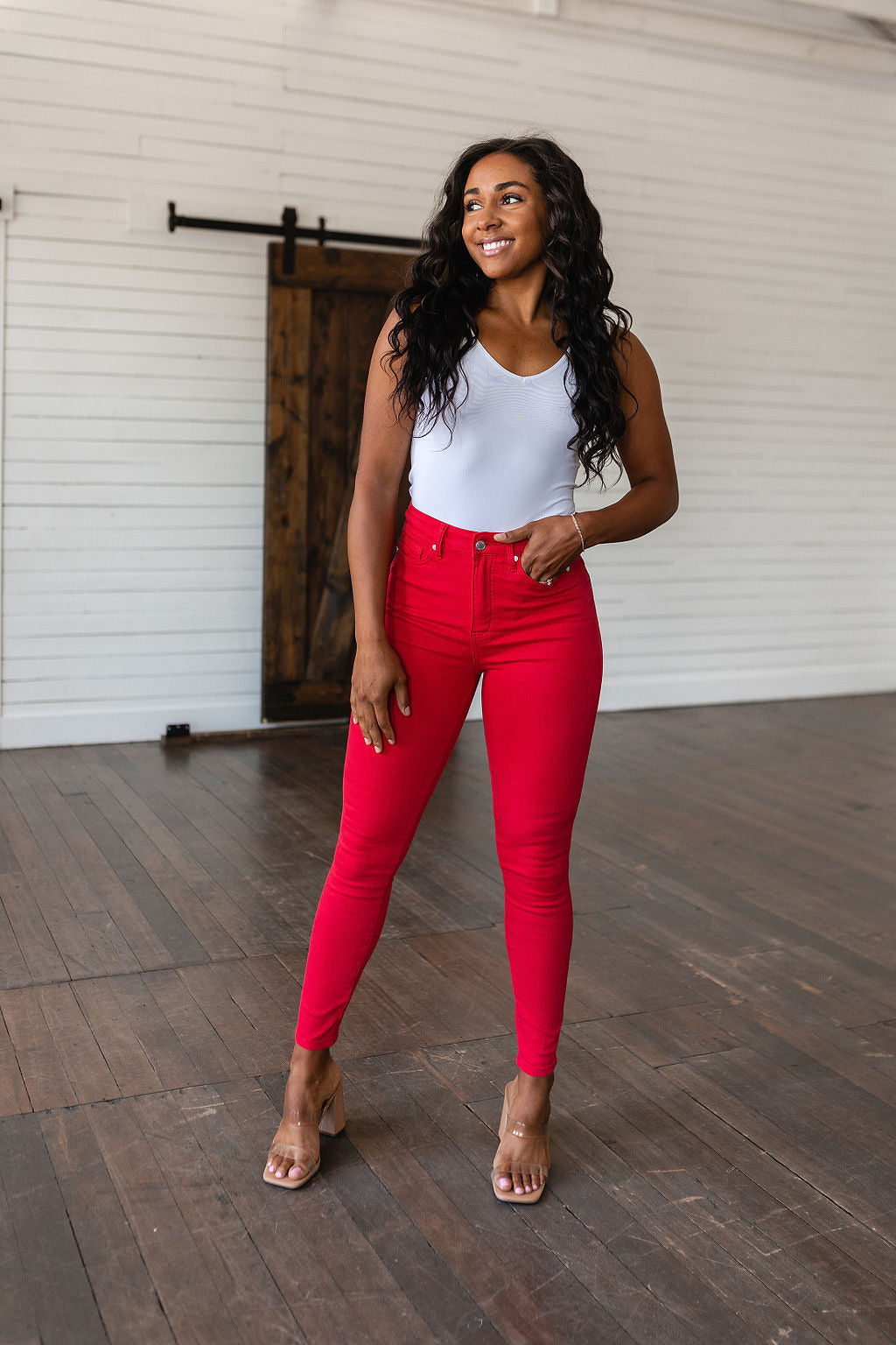 TUMMY CONTROL: Ruby High Rise Skinny Jeans in Red - Judy Blue