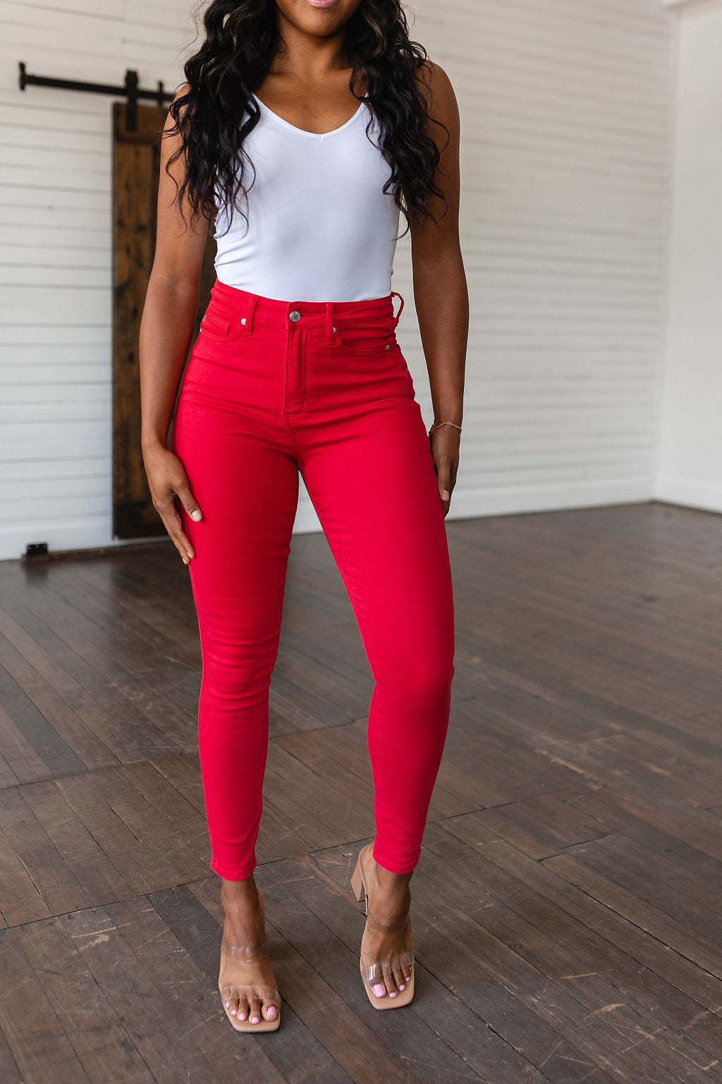 TUMMY CONTROL: Ruby High Rise Skinny Jeans in Red - Judy Blue