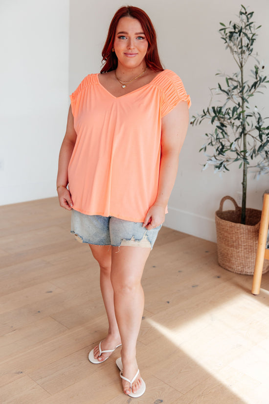 Ruched Cap Sleeve Top in Neon Orange - Dear Scarlett