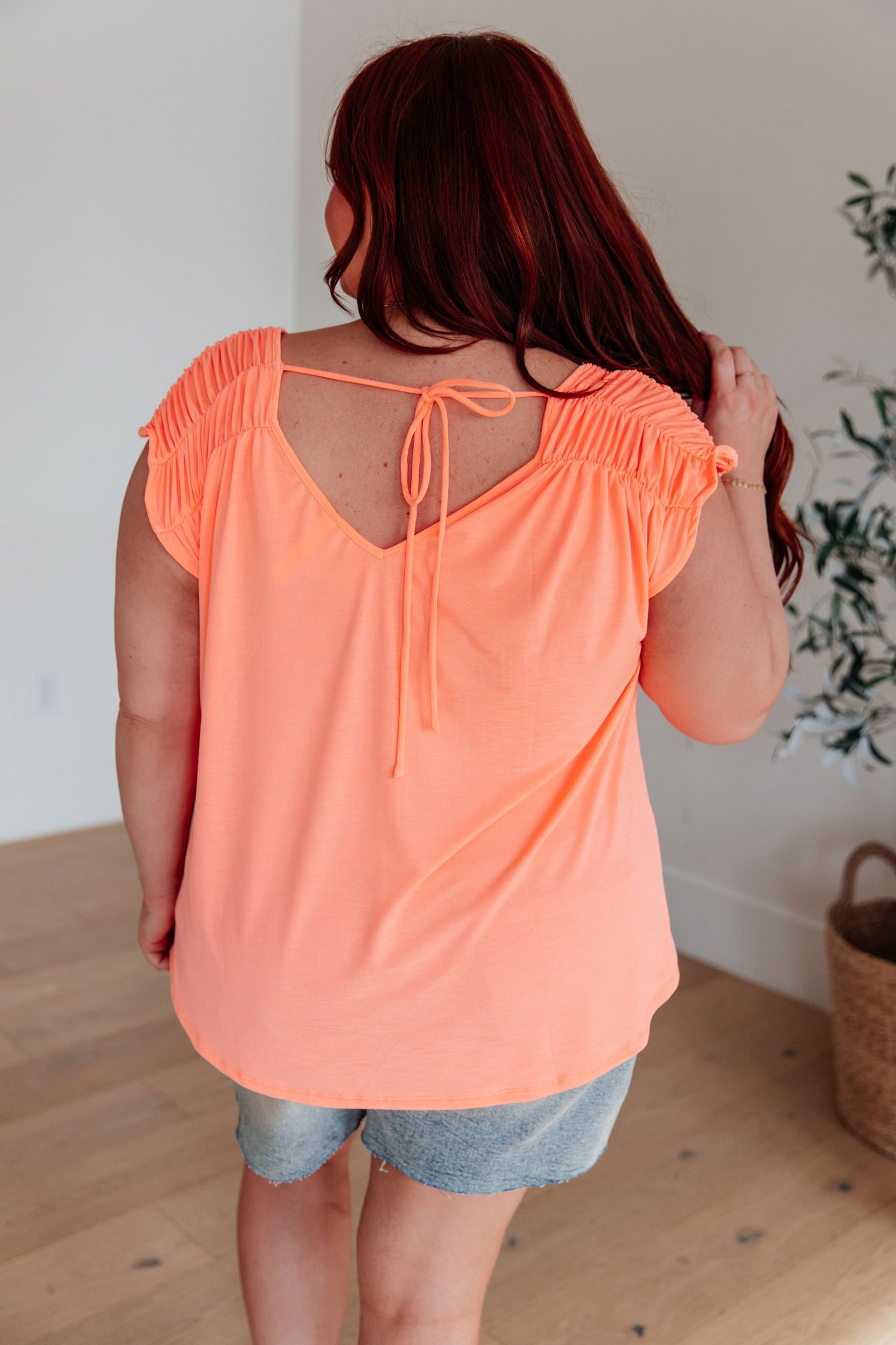 Ruched Cap Sleeve Top in Neon Orange - Dear Scarlett