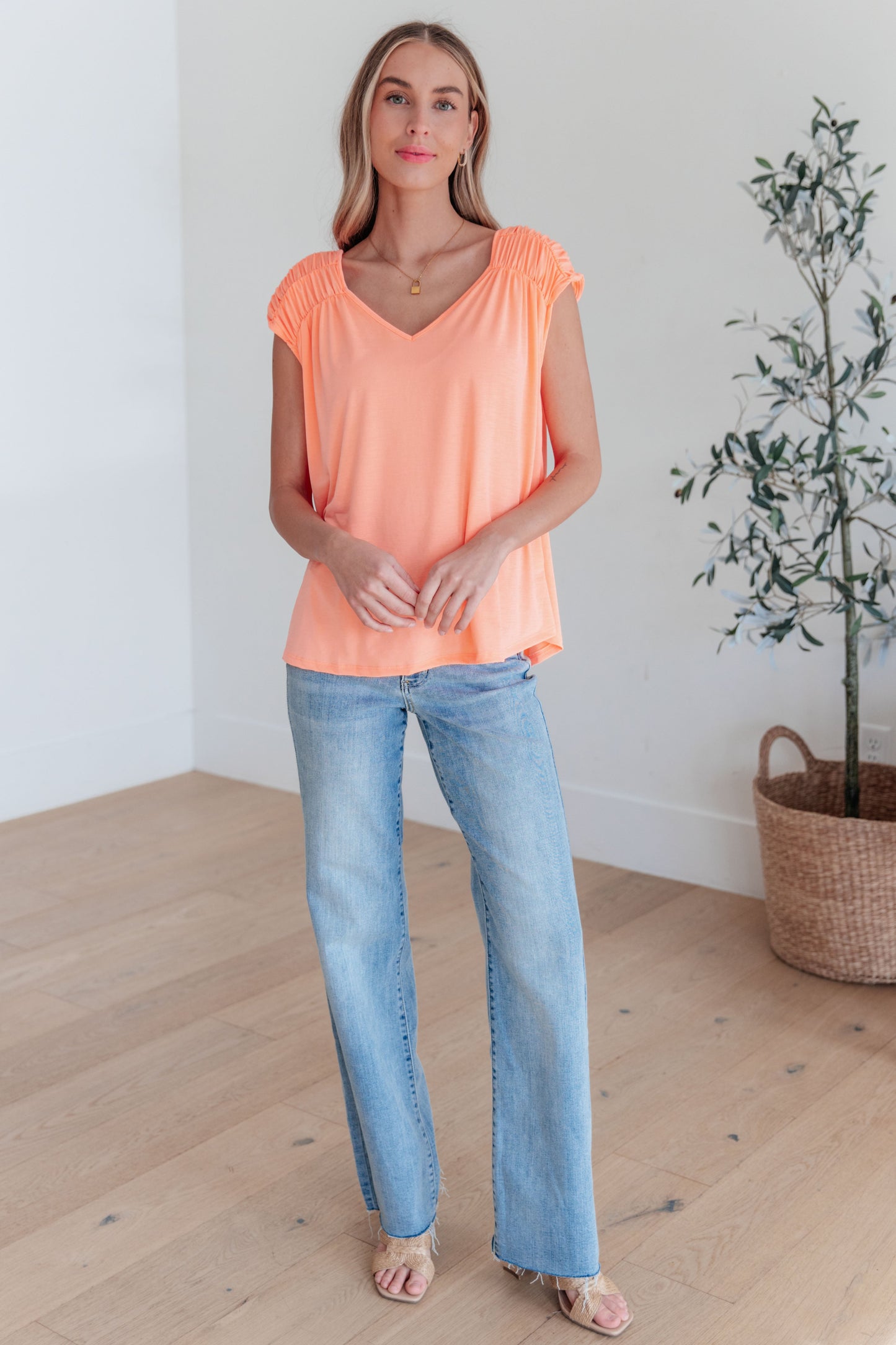 Ruched Cap Sleeve Top in Neon Orange - Dear Scarlett