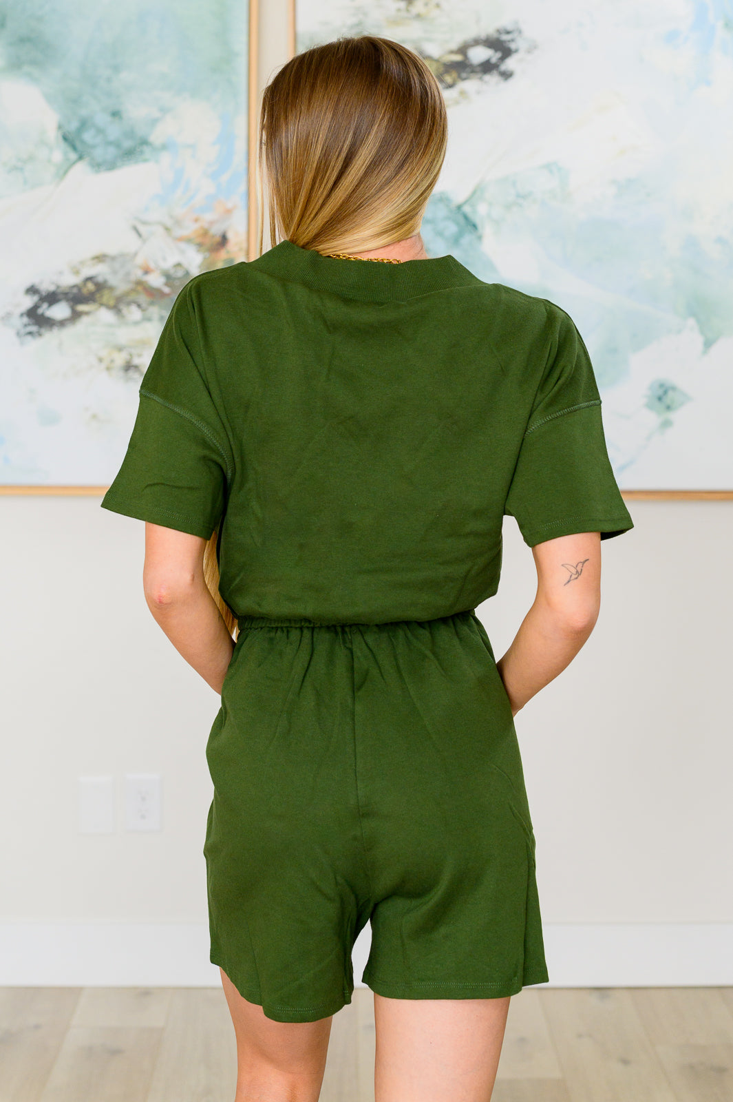 Short Sleeve V-Neck Romper in Army Green - Zenana