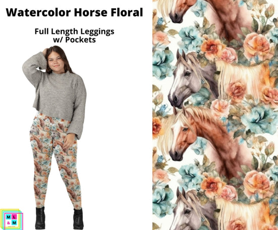 Watercolor Horse Floral - Leggings w/ Pockets