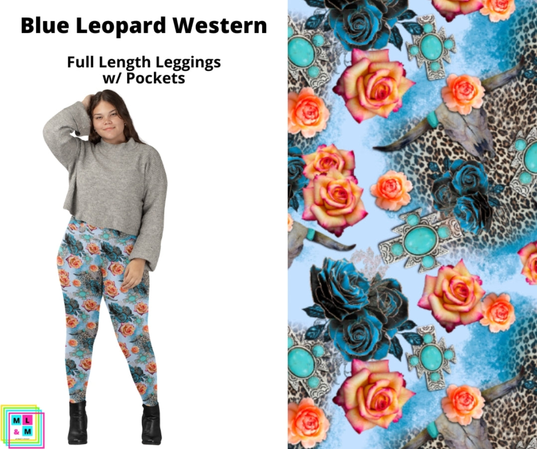 Blue Leopard Western - Leggings w/ Pockets