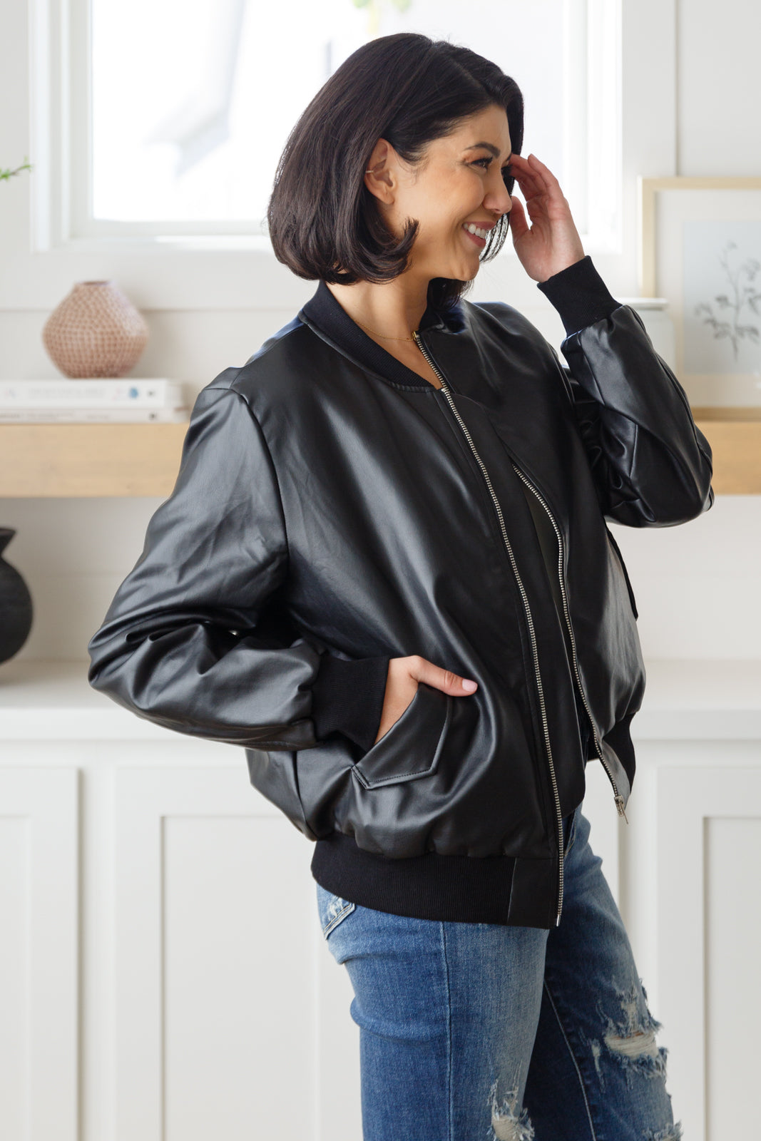 This Is It Faux Leather Bomber Jacket In Black - Mittoshop