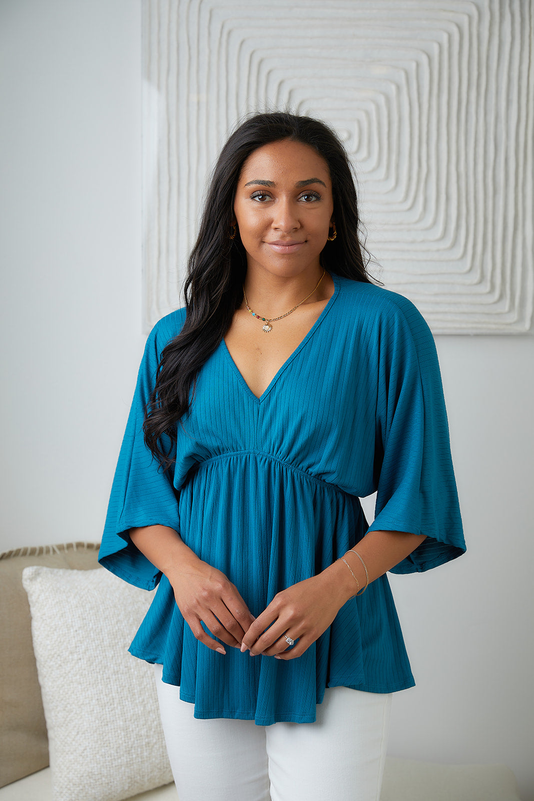 Storied Moments Draped Peplum Top in Teal - White Birch